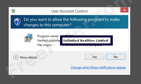 Screenshot where Unlimited Realities Limited appears as the verified publisher in the UAC dialog